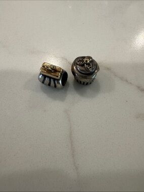 Pandora Sterling Two-Tone Charm Beads with Gold Accents, bag and cupcake